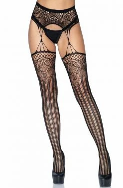 COAXcopenhagen.com Black Deco Net Stockings With Garter Belt HOSIERY