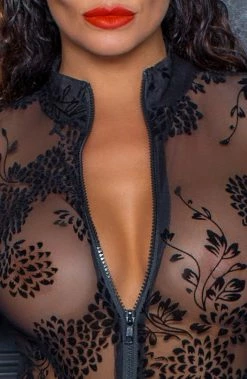 COAXcopenhagen.com Bodystocking Sheer Black Catsuit With Flock Embroidery - Toxic