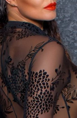 COAXcopenhagen.com Bodystocking Sheer Black Catsuit With Flock Embroidery - Toxic