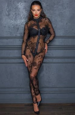 COAXcopenhagen.com Bodystocking Sheer Black Catsuit With Flock Embroidery - Toxic
