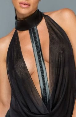 COAXcopenhagen.com Mesh & Wet Look Catsuit With Embellished Choker - Faux Passion