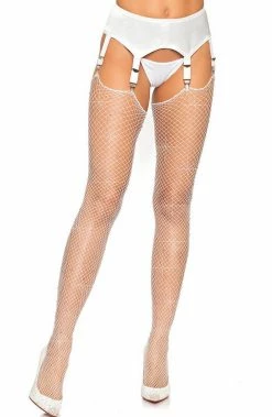 COAXcopenhagen.com White Fishnet Stockings With Rhinestones HOSIERY